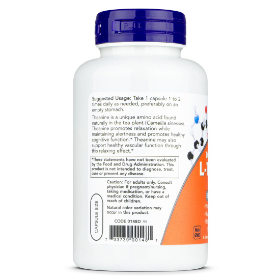 Now Foods L-Teanina 200mg, 60 Capsule Vegane Con Inositolo, Aminoacido Per Il Relax, Testato In Laboratorio, Senza Glutine
